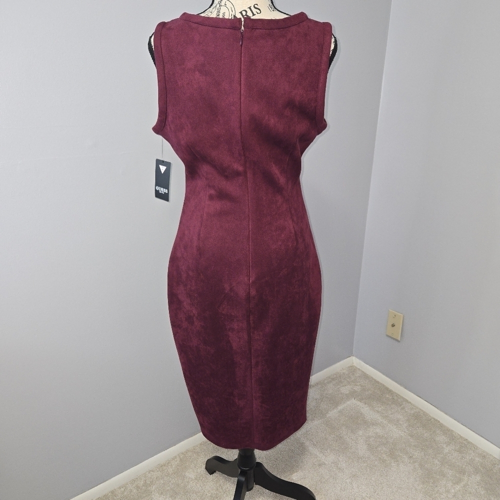 Guess Red Bodycon Midi Dress Crew Neck Faux Suede Size 6  NWT - Picture 4 of 10